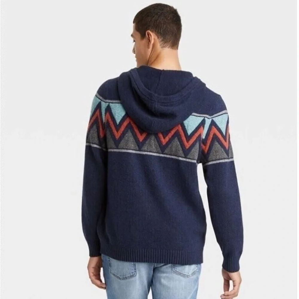XL Goodfellow & Co Mens Navy Blue & Red Zig-Zag Pattern Sweater with a Hoodie - Picture 2 of 6